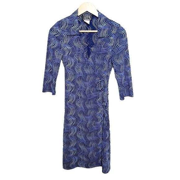 Vintage 90s Y2K squiggle print collared bodycon wrap style midi dress S M - Picture 1 of 6